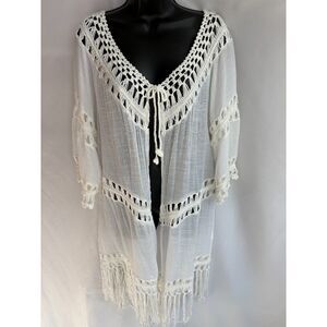 White Crochet Kimono Swim Cover Robe One Size Boho Feminine Bohemian Fringe